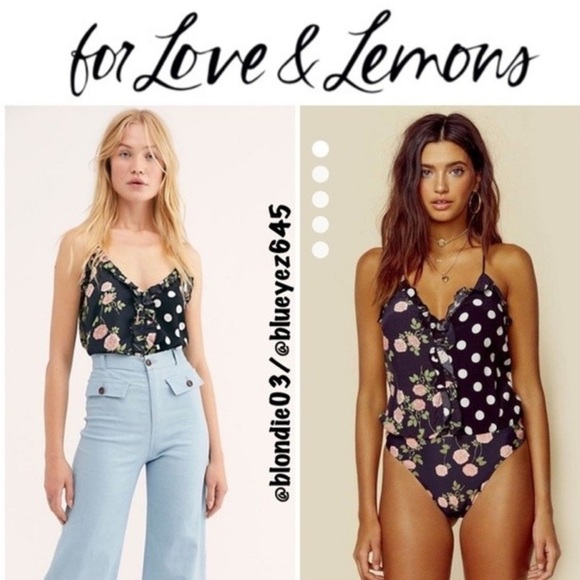 For Love & Lemons black polka dot floral “Mochi” thong bodysuit M NWT